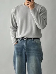 DAZY 春秋款華夫格紋布料圓領白色男士T恤 - 淺灰色 - 查看 7