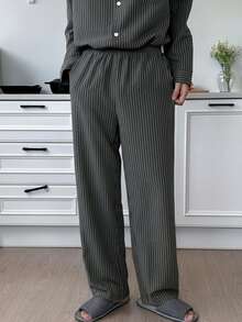 DAZY Spring/Autumn Long Sleeve Dark Gray Striped Long Pants Men's Loungewear Set - Dark Grey - View 6