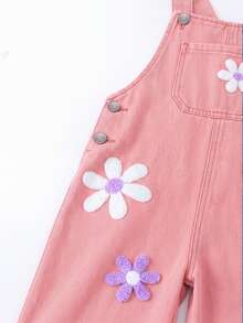 SHEIN ChillGRL Young Girl Floral 3D Decor Denim Bib Overalls Sunflower Girls Outfit Young Girl Outfit Set Autumn Fall - Pink - View 5