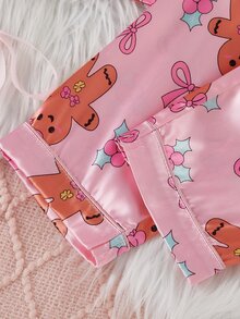 Young Girl Autumn/Winter Christmas Pajamas 2pcs Gingerbread Man Satin Button Long Sleeve Pants Lapel Print Girls - Multicolor - View 6
