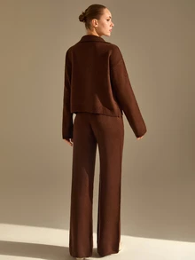 CLARA VERO Shirt Collar Knit Palazzo Set, Oversize Fit, Daily Or Home, Polo Neck, Pocket Pant, Wide Leg - Brown - View 4