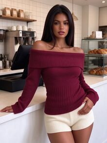 Autumina Women's Autumn/Winter Solid Color Cropped Cinched Cinched Waist Versatile Hot Girl Sweater - Burgundy - View 7