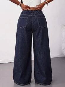 SHEIN CURVE+ 大尺碼女款寬鬆寬腿休閒牛仔褲，附口袋 - 深色水洗藍 - 查看 3