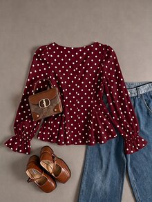 SHEIN 青少年女孩波點百褶休閒百搭日常穿著襯衫 - 酒紅色 - 查看 5