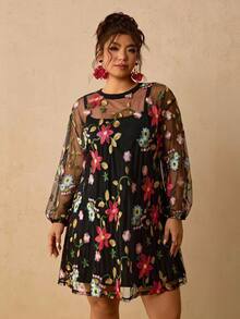 SHEIN VCAY Plus Size Women's Floral Embroidered Mesh Round Neck Long Sleeve Fashion 2 In 1 Dress - Black - View 4
