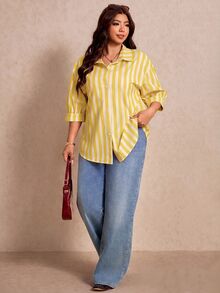 Elaquor 大尺碼女款條紋七分袖單排扣休閒襯衫 - 黃色 - 查看 5