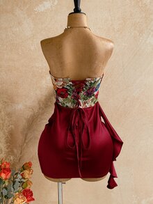 Soleia Women's Floral Print Ruched Elegant Waist-Cinching Strapless Mini Dress For Date - Red - View 2