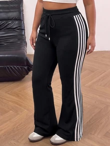 Muchica Plus Size Women's Side Stripe Drawstring Waist Casual Flare Sweatpants - Black - View 5