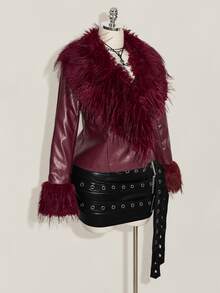 SHEIN ICON Women's Plus Size Faux Fur Patchwork Red Leather Jacket - Red - View 4