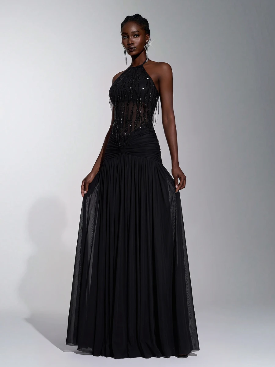 Elitara Elegant Minimalist Fashion Black Sequin Tassel Mesh Patchwork Halter Neck Backless Pleated A-Line Long Formal Evening Gown For Women - Black - View 1