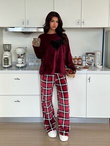 ZzzCrew Heart Embroidered Round Neck Top & Plaid Print Long Pants Comfortable Plush Pajama Set - Red - View 7