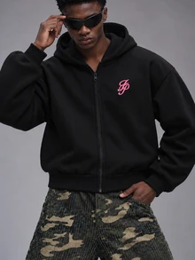HypeHours Men's Letter Print Zip-Up Hoodie Sweatshirt Sweatshirt - Black - View 5