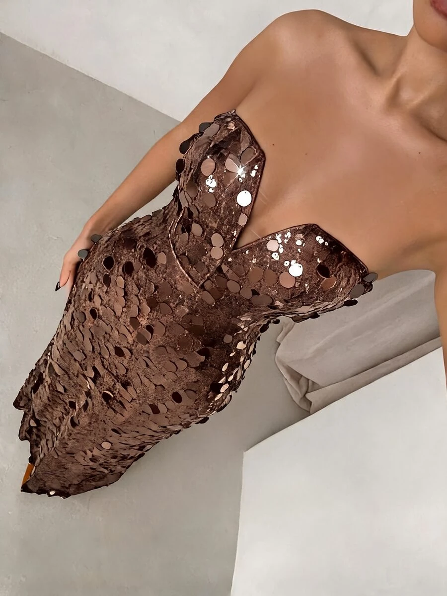 SHEIN Glamour 時尚優雅亮片抹胸晚禮服長裙 - 深棕色 - 查看 1