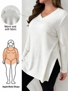 Shapeblank تي شيرت نسائي مقاس كبير متعدد الاستخدامات بأكمام طويلة وحافة مشقوقة، ملابس خروج، ستايل بسيط، توب دافئ للخريف والشتاء - أبيض - مشاهدة 1