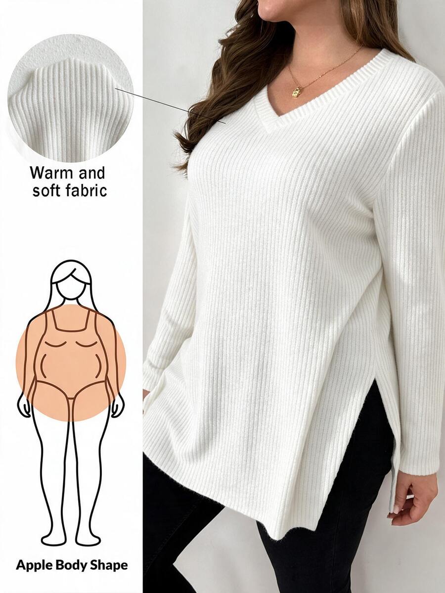 Shapeblank تي شيرت نسائي مقاس كبير متعدد الاستخدامات بأكمام طويلة وحافة مشقوقة، ملابس خروج، ستايل بسيط، توب دافئ للخريف والشتاء - أبيض - مشاهدة 1