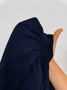 Auralis 咖啡棕色落肩長袖大尺碼寬鬆腰部鬆緊皺褶下擺套頭上衣休閒上衣優雅辦公正式商務工作女款秋季 - 藏蓝色 - 查看 9