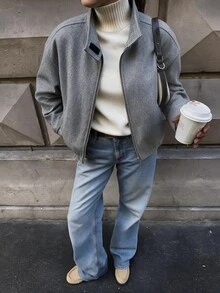 Struktiv Women's Autumn/Winter Wool Blend Stand Collar Zipper Jacket With Pockets, Loose Drop Shoulder Short Flight Jacket - Grey - View 6