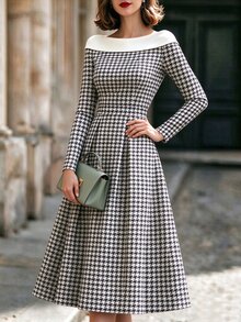 RosyDaze 2026 Fall Winter Women French QuietLuxury Elegant Houndstooth Midi Dress OffShoulder Contrast Collar Long Sleeve ALine Dress With Pockets Versatile - Black and White - View 4