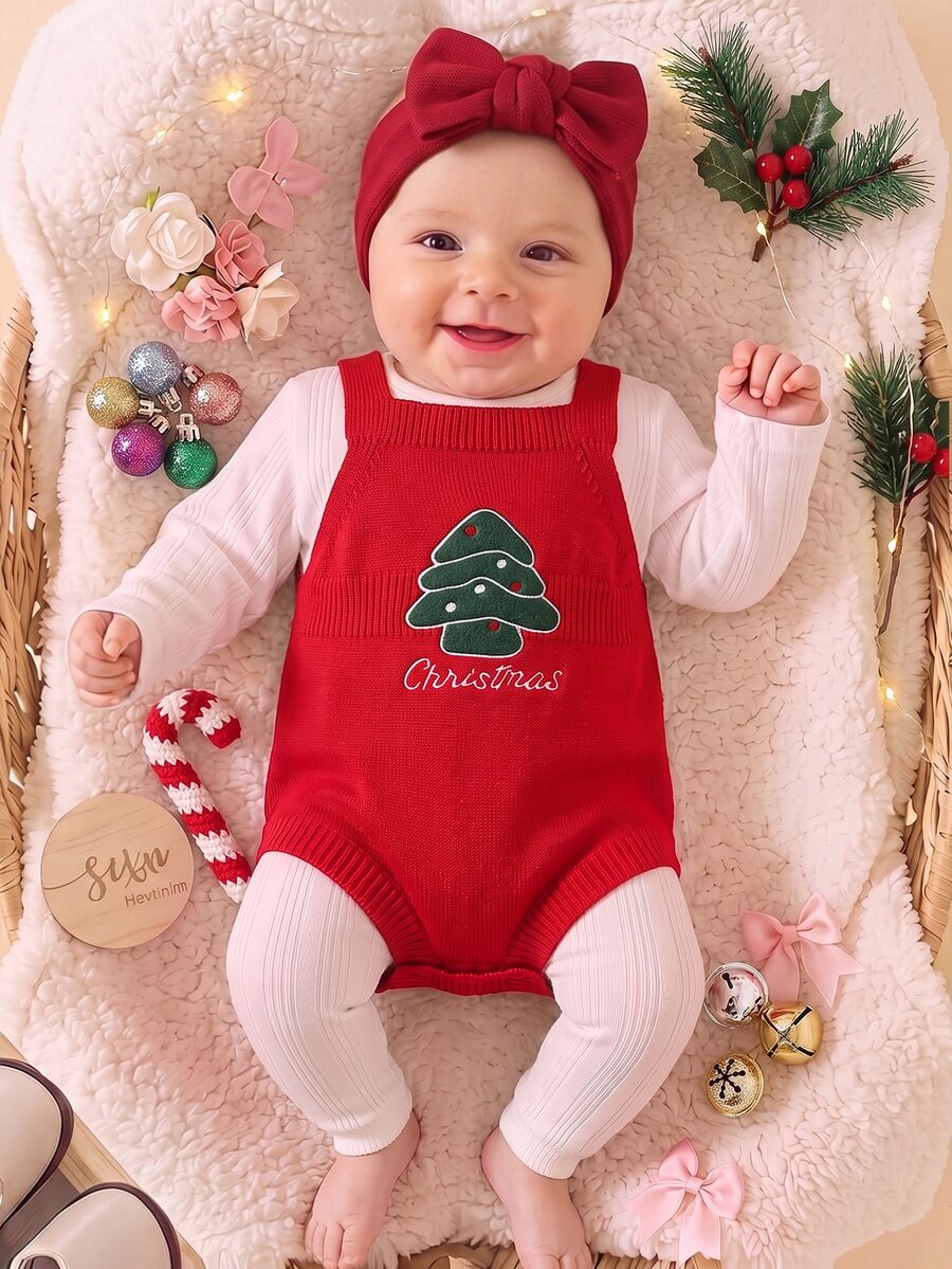 SHEIN Baby Girl Letter Pattern Casual Daily Knit Romper - Red - View 1