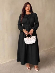 Auralis Plus Size Brown Round Neck Cinched Waist Flared Umbrella Skirt/Casual Cottage Core Dress Elastic Elegant Daily Formal Vacation Going Out Autumn Fall - Black - View 4