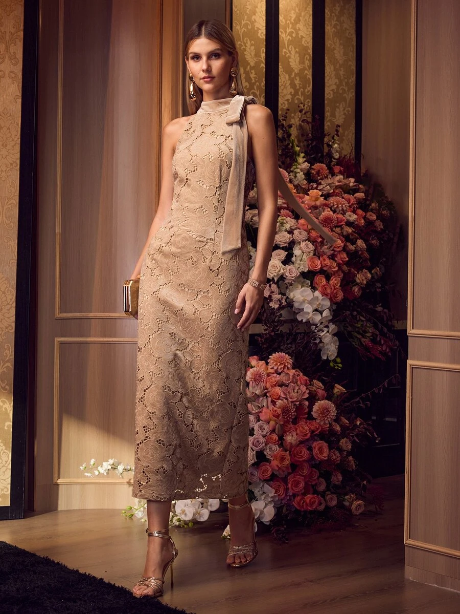 MOTF PREMIUM HALTER NECK SLEEVELESS VELVET LACE DRESS - Apricot - View 1