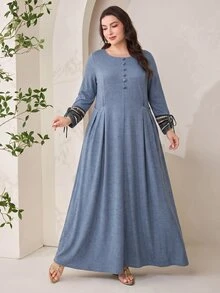 Al Najma Plus Size Women Solid Color Pleated Casual Party Arabian Dress - Dusty Blue - View 5