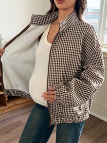 Dazy Maternity Vintage Houndstooth Loose Long Sleeve Zip-Up Casual Streetwear Everyday Spring/Autumn Maternity Regular Jacket - Khaki - View 3
