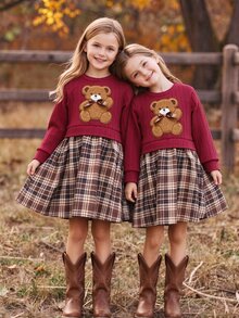 SHEIN Elladie kids 女童對比拼接花卉彼得潘領兩件式連身裙 秋季 - 紅色 - 查看 3