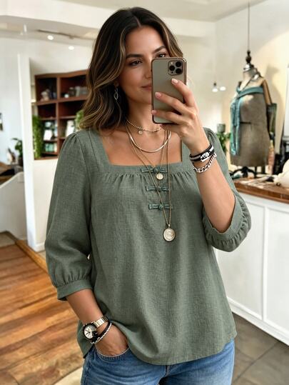 Linhara CURVE PlusSize New Chinese Daily Blouse, Square Neck Frog Button Puff Long Sleeve Top