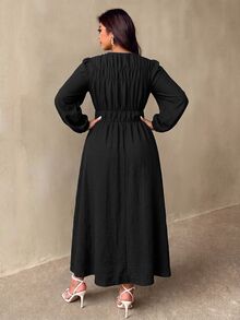 Auralis Plus Size Brown Round Neck Cinched Waist Flared Umbrella Skirt/Casual Cottage Core Dress Elastic Elegant Daily Formal Vacation Going Out Autumn Fall - Black - View 3