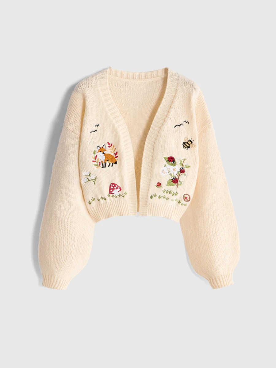 ROMWE Fairycore Cardigan Rajut Wanita Musim Dingin Gaya Cottagecore Motif Jamur Serigala - Aprikot - View 1