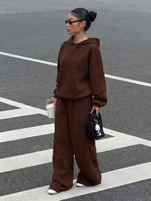 Muchica 休閒極簡風女款兩件套，秋冬女款帽 T 與運動長褲套裝，適合秋冬，百搭，適合日常穿著 - 棕色 - 查看 3
