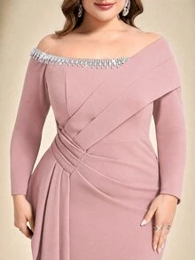 Coutiva Đầm dạ hội trang trọng trễ vai đính pha lê phong cách thanh lịch size lớn - Màu Hồng baby - Xem 6