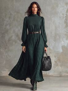 Solivie Women's Autumn Green Plaid Dress Long Sleeve - Green - View 2