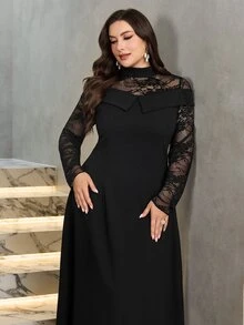 Modelyn 2026 Autumn/Winter Plus Size Women's Fashion Elegant X-Silhouette Off-Shoulder Long Sleeve Lace Patchwork Evening Dress For Holiday Occasions - Black - View 2
