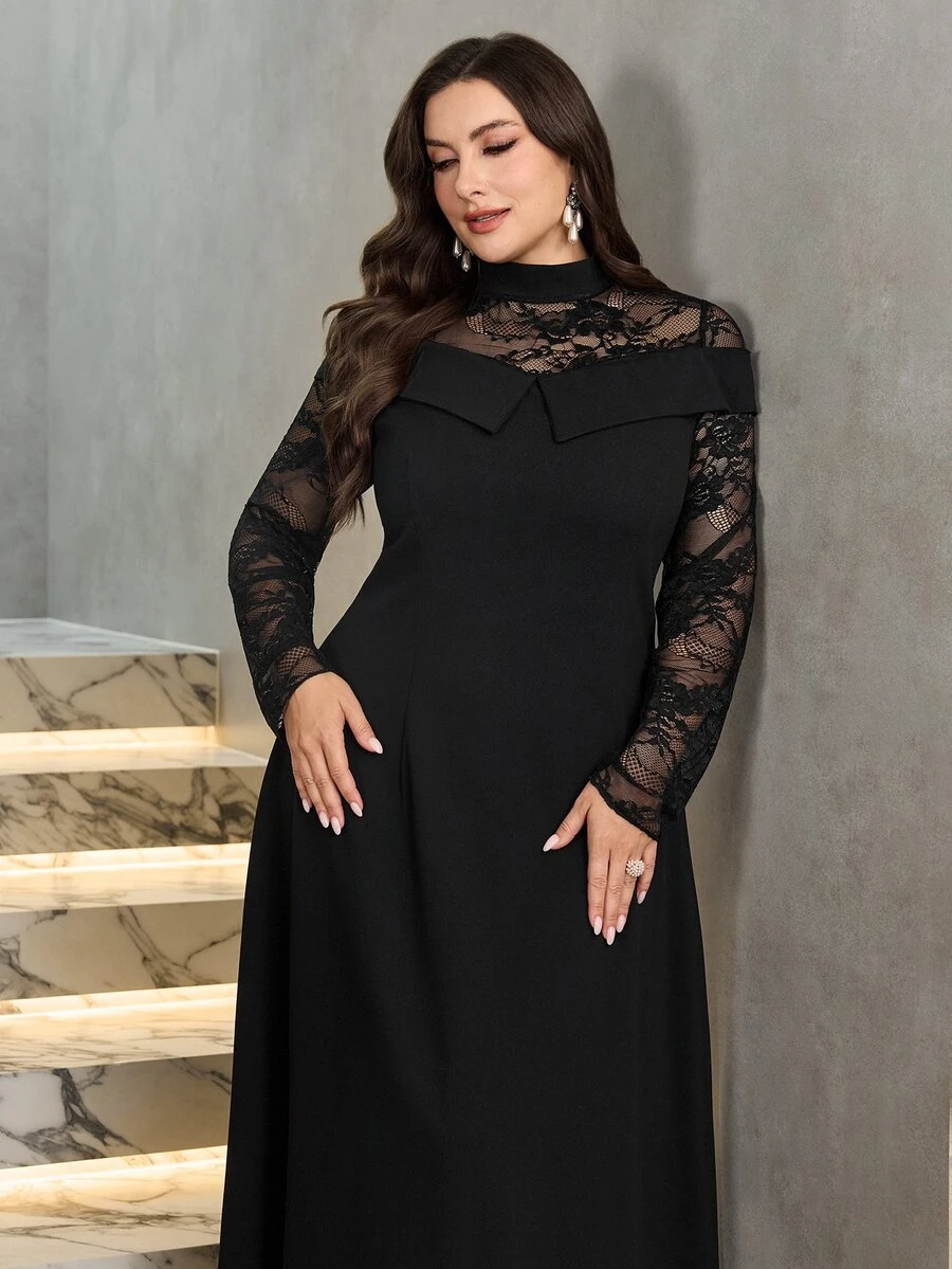 Modelyn 2026 Autumn/Winter Plus Size Women's Fashion Elegant X-Silhouette Off-Shoulder Long Sleeve Lace Patchwork Evening Dress For Holiday Occasions
