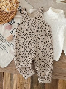 SHEIN 嬰兒女童中性 0-3 歲幼兒 春/秋季 心形印花粉色燈芯絨吊帶褲套裝，胸前口袋設計，休閒版型，適合外出與休閒穿著 - 杏色 - 查看 1