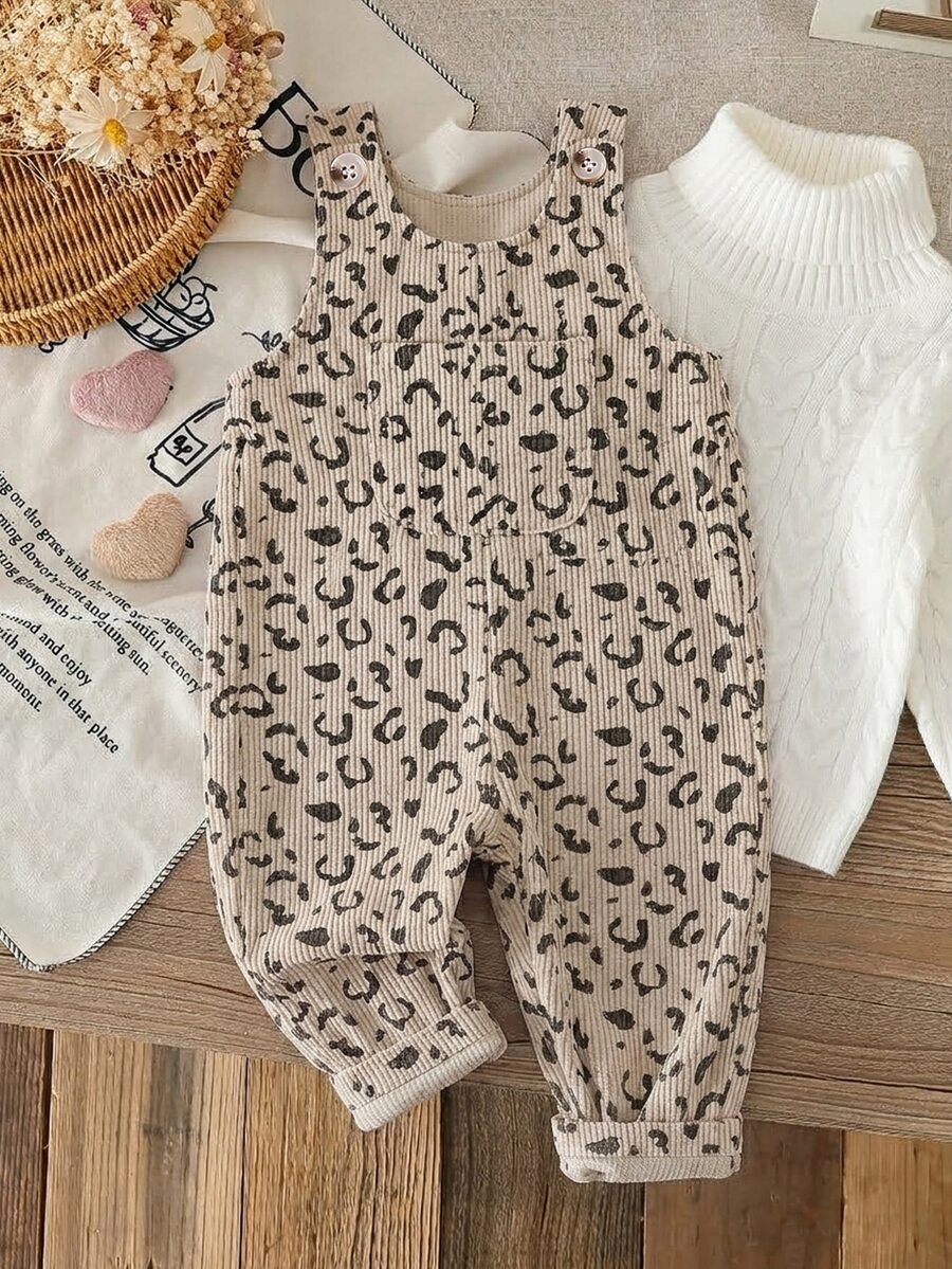 SHEIN 嬰兒女童中性 0-3 歲幼兒 春/秋季 心形印花粉色燈芯絨吊帶褲套裝,胸前口袋設計,休閒版型,適合外出與休閒穿著 - 杏色 - 查看 1