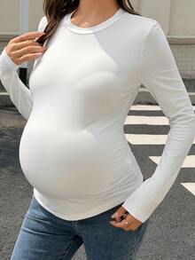 DAZY Solid Color Slim Fit Elastic Daily Versatile Korean Style Spring/Autumn Maternity T-Shirt - White - View 7