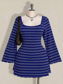 SHEIN ICON 大尺碼彩色條紋露背喇叭袖針織洋裝 鐘形袖條紋洋裝 大圓領秋季洋裝 - 藍色 - 查看 10