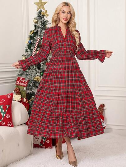 SHEIN Clasi Vestido feminino estilo coreano xadrez com mangas flare, vestido vermelho de Natal, vestido country, vestido para festa de Natal