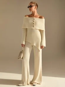 CLARA VERO Off Shoulder Palazzo Knit Set, Evening Or Dinner, Folded Neck, Flare Sleeve, Asymmetric Front - Cream - View 8