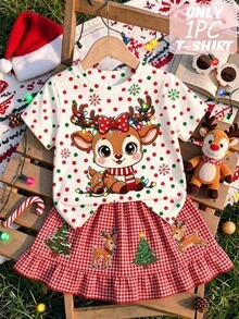 Girls' Short-Sleeve Christmas T-Shirt – Cute Cartoon Reindeer Print & Red-Green Polka Dots (Ages 4–7) - Multicolor - View 1