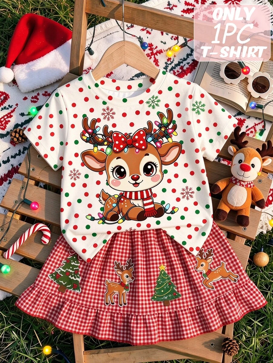 Girls' Short-Sleeve Christmas T-Shirt – Cute Cartoon Reindeer Print & Red-Green Polka Dots (Ages 4–7) - Multicolor - View 1