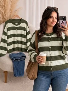 Elaquor Plus Size Women's Striped Drop Shoulder Long Sleeve Single-Breasted Knit Cardigan Winter - Green - View 1
