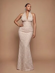Vowa Plus Size Elegant Romantic Champagne Halter Neck Ruched Fishbone Pleated Waistband Bodycon Bodycon Back Slit Evening Gown For Wedding Party Celebration Formal Event Dinner (Intricate Design) - Champagne - View 3