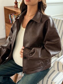 DAZY Solid Color Loose PU Jacket Coat, Vintage Street Style, Autumn/Winter, Maternity Regular Outerwear Leather - Coffee Brown - View 1