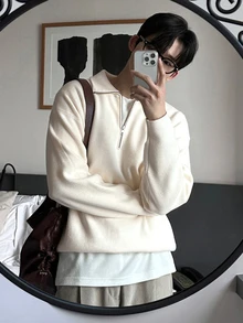DAZY Men's Solid White Zip-Up Stand Collar Sweater, Autumn/Winter - White - View 3