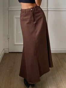DAZY Women's Fashion Button Pocket Denim Skirt - Brown - View 4
