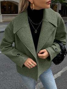 Struktiv 女款大翻領裝飾鈕扣長袖羊毛大衣 - 軍綠色 - 查看 6